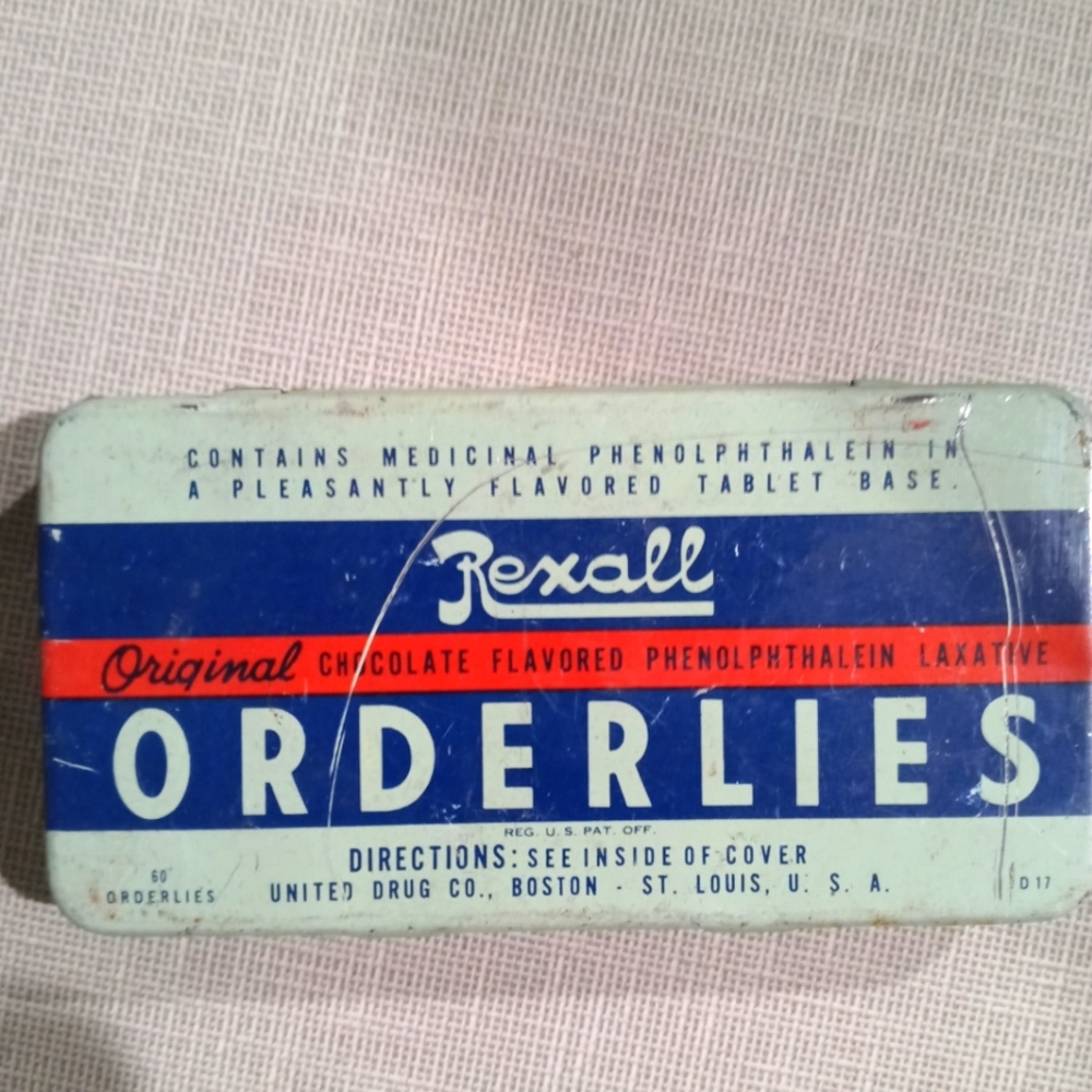 Vintage Medicine Tin - Old Rexall Orderlies Chocolate Flavored Laxatives Tin